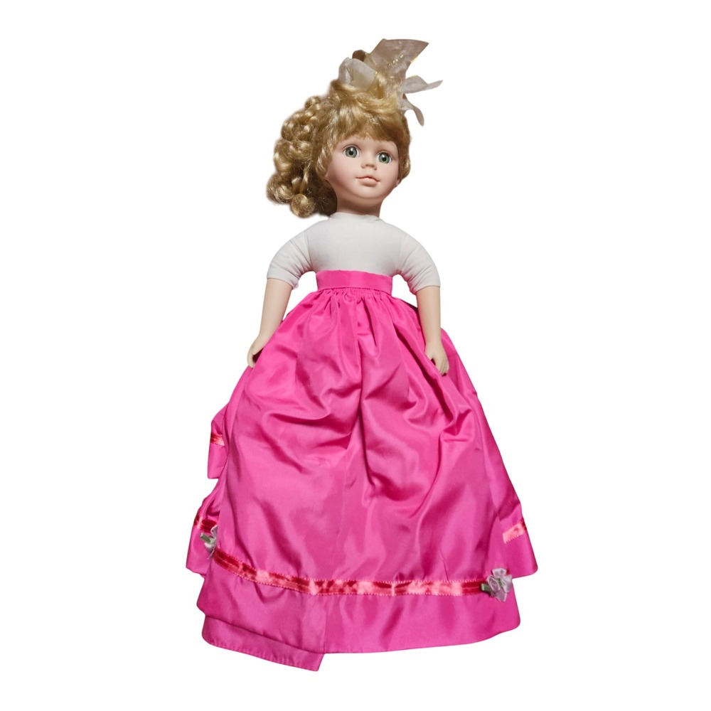 Vintage Porcelain Style Doll‎ Blonde Hair Green Eyes Pink Satin Rose Dress